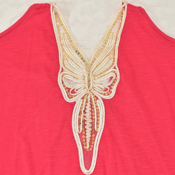 Y2k L8ter Butterfly Cold Shoulder V-Neck Top Blouse Fuchsia Pink Gold Sequin M - Picture 8 of 11